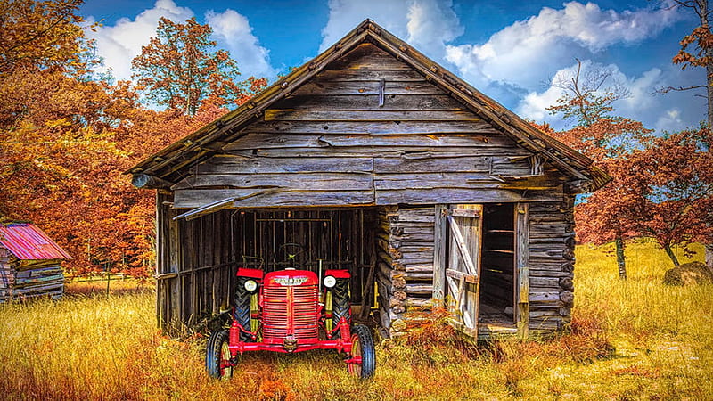 Red Tractor at the Autumn Country Barn, meadow, nature, fall, autumn, trees, colors, HD wallpaper