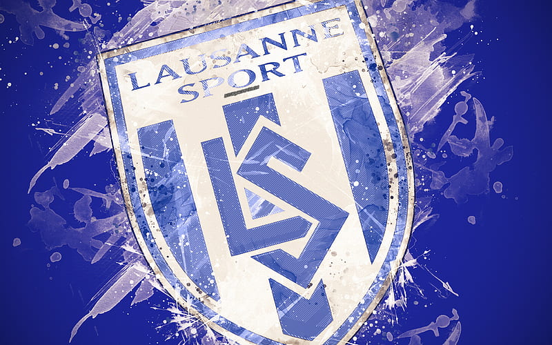 FC Lausanne-Sport paint art, logo, creative, Swiss football team, Swiss Super League, emblem, blue background, grunge style, Lausanne, Switzerland, football, HD wallpaper
