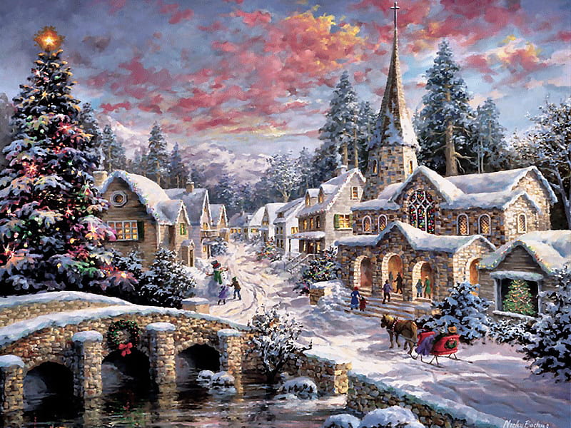 Village Christmas F+mp, sleigh, art, christmas, cityscape, horse, artwork, winter, tree, cobblestone bridge, snow, painting, village, scenery, HD wallpaper