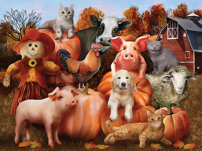 Family Portrait, sheep, rooster, pigs, painting, cats, barn, dog, pumpkins, HD wallpaper