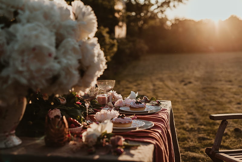 table, dishes, table setting, flowers, dessert, HD wallpaper