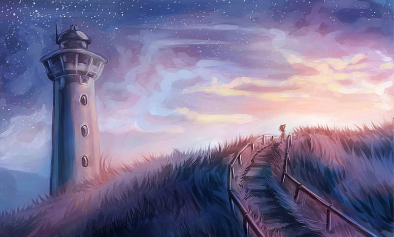 anime fantasy art seagulls kites wings clouds city lighthouse sunset  rooftops horizon wallpaper - Coolwallpapers.me!