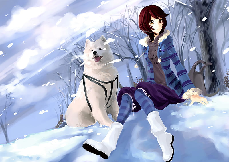 Snow Dog, dress, scenic, plant, animal, anime, hot, anime girl, scenery, dog,  HD wallpaper | Peakpx