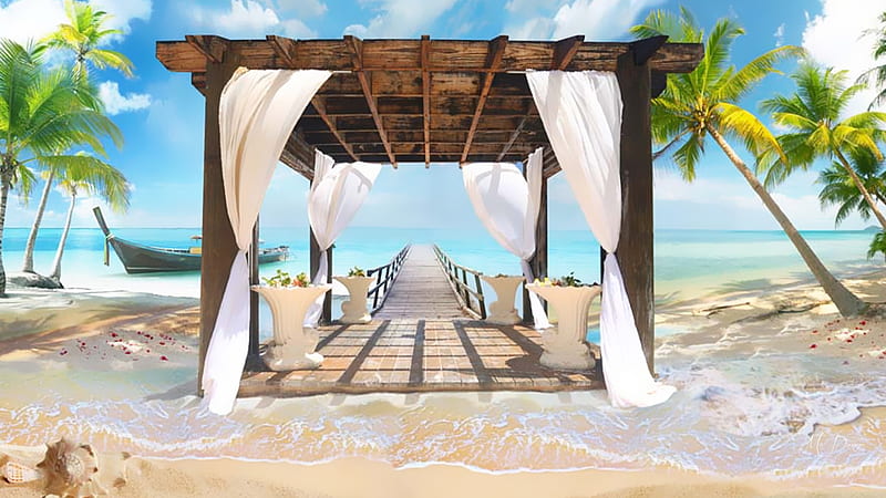 Island Refuge, beach, vacation, boat, cabana, island, palm trees, sea, HD wallpaper