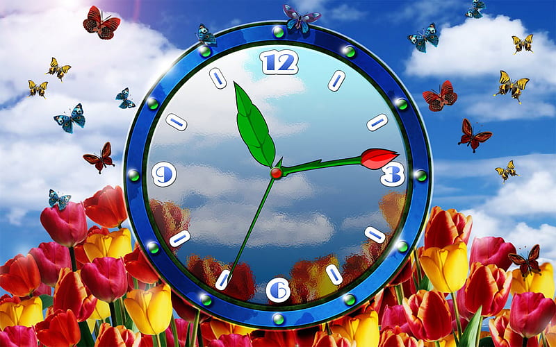 Tulip Clock, hands, time, see through, clock, butterflies, tulips, clouds, sky, HD wallpaper