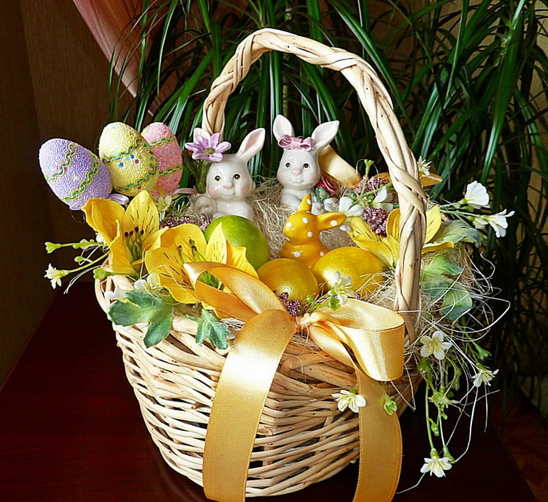Easter decoration, Easter, special days, holidays, basket, ribbon, eggs, HD wallpaper