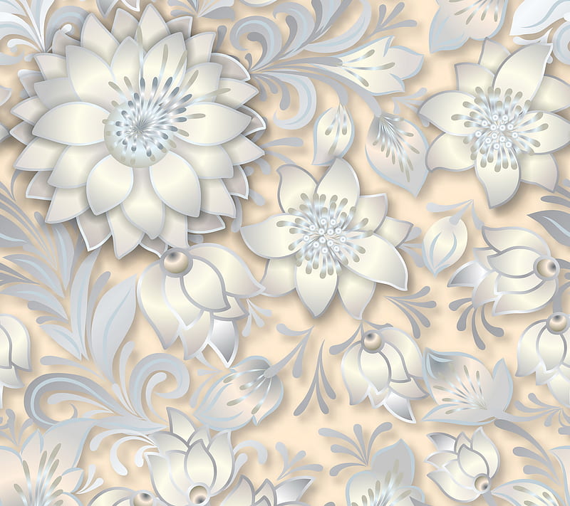 White Abstraction, desenho, floral, flowers, gris, pattern, shine, HD wallpaper