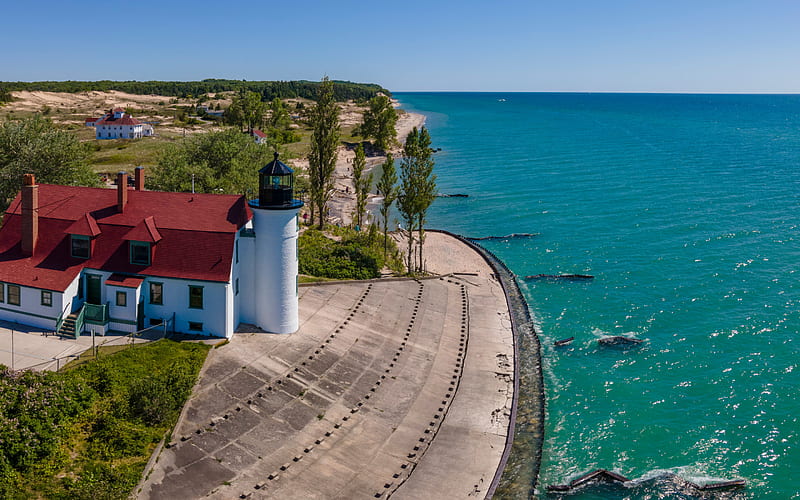 Point Betsie Lighthouse, Lake Michigan, coast, overhead view, lighthouse, Frankfort, Michigan, USA, HD wallpaper