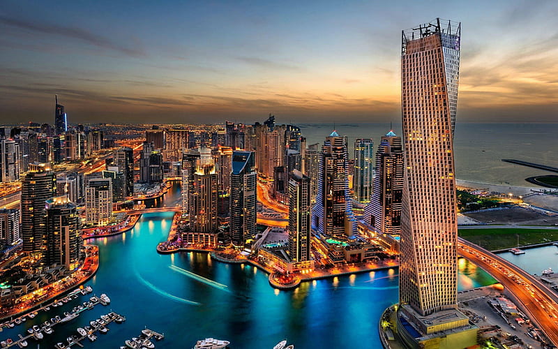Dubai, United Arab Emirates, evening, skyscrapers, fountains, Persian Gulf, HD wallpaper