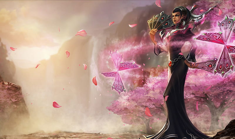 Karma, games, dress, video game, game, video games, bonito, league of legends, waterfall, long hair, pink, black hair, female, weapons, armor, tree, fans, girl, mountains, lone, belt, fan, sunshine, petals, armour, HD wallpaper