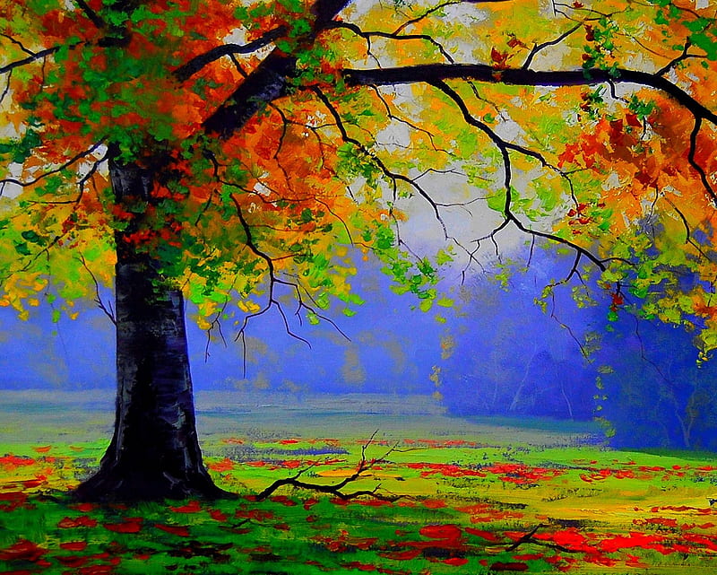 Painting Autumn Tree, autumn, drawings, fallen, leaf, leaves, paint, HD wallpaper