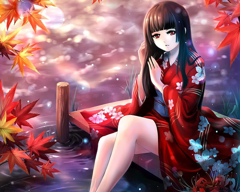 Kimono_Shoujo, red, sakura blossom, plant, cherry blossom, japan, anime, hot, anime girl, sakura, female, japanese, leave, kimono, sexy, leaf, pond, cute, water, girl, flower, HD wallpaper