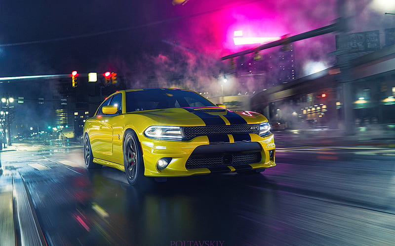 Dodge Charger SRT, night, 2019 cars, supercars, yellow Charger, Dodge, HD wallpaper