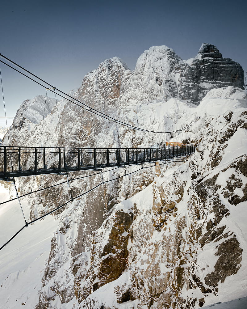 mountains, bridge, snow, winter, HD phone wallpaper