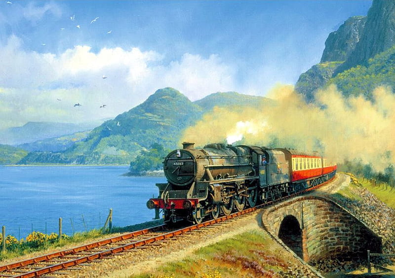 Steamtrain Painting, railway, bridge, mountains, lake, artwork, HD wallpaper
