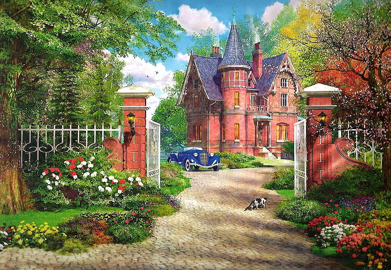 The Red Brick Cottage, car, house, painting, garden, flowers, cat, artwork, HD wallpaper