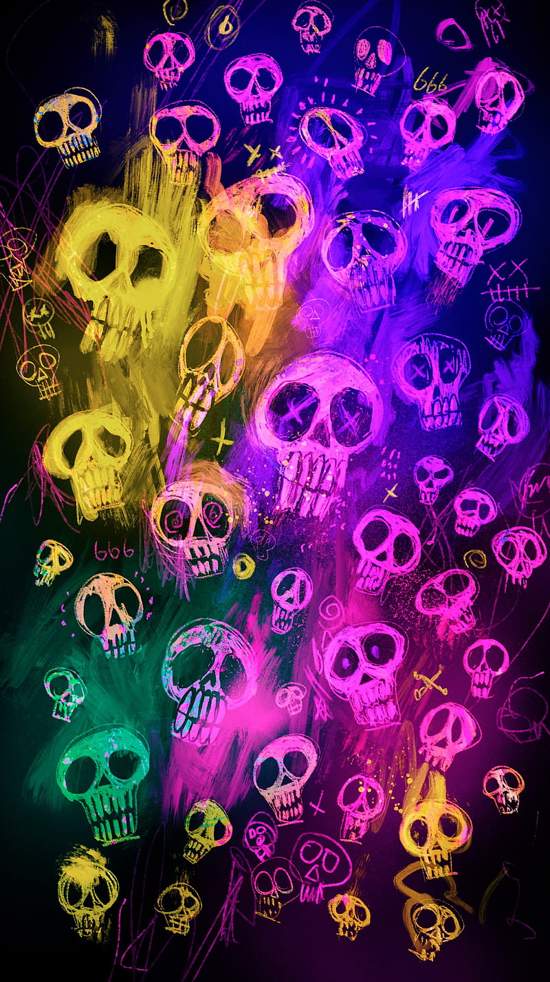 Dead Art II, Dead, My, amoled, art, black, colorful, colors, cool, crazy, creepy, death, evil, green, halloween, oled, painting, pink, purple, scary, skull, skulls, spooky, vibrant, wild, yellow, HD phone wallpaper