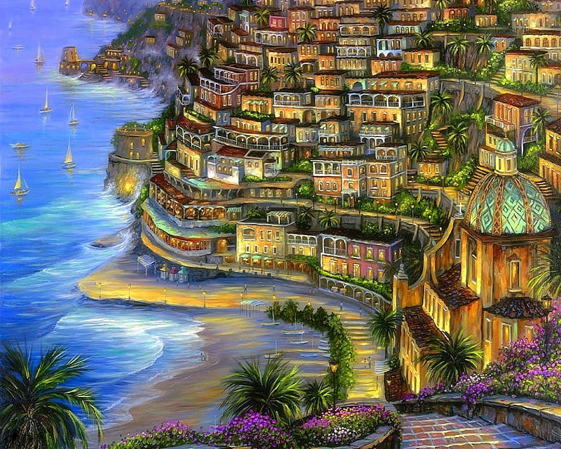 'Luxury Lights in Italy', architecture, getaways, tourists, oceans, stunning, Italy, attractions in dreams, seasons, elegant, hotels, resorts, paintings, people, cities, evening, luxury, love four seasons, places, creative pre-made, country, terrace, beaches, travels, summer, sailboats, HD wallpaper