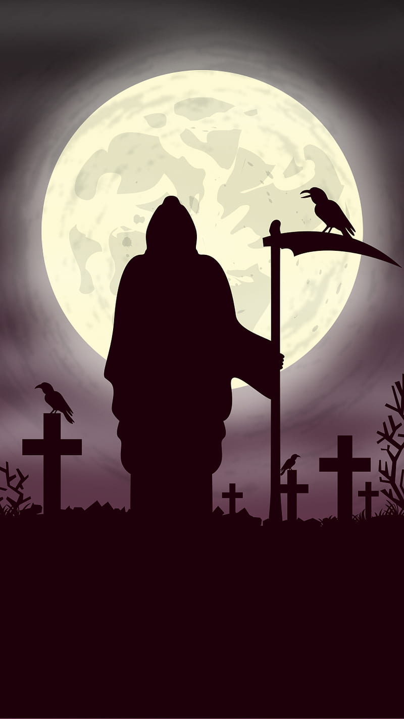 grim reaper, crow, dark, death, graveyard, halloween, moon, moonlight, night, HD phone wallpaper