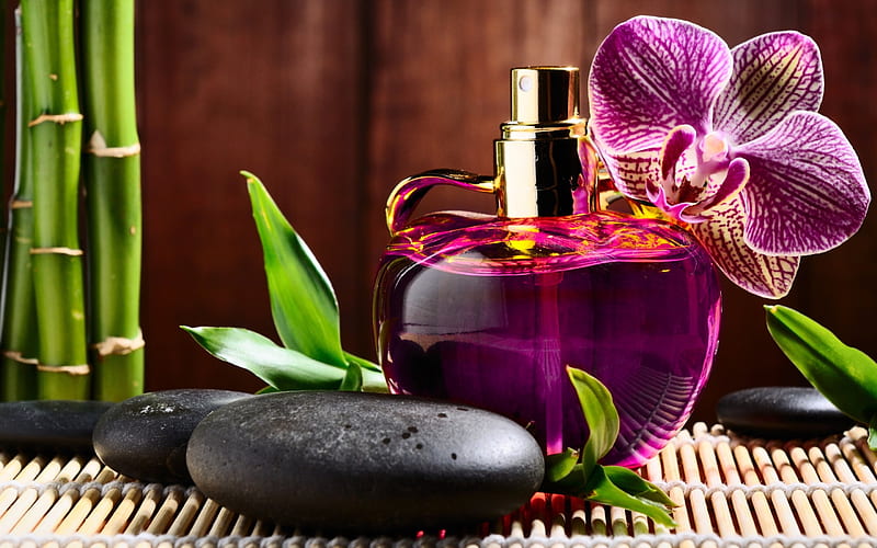 Orchid perfume, perfume, black, perfume bottle, bamboo, aromatherapy, stones, purple, orchid, spa, HD wallpaper