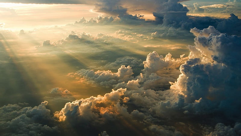 heavenly cloud landscape, beams, sunshine, sky, clouds, HD wallpaper