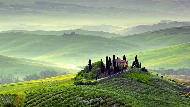 wondrous hilltop farms in pienza tuscany, farms, hills, fields, mist, HD wallpaper