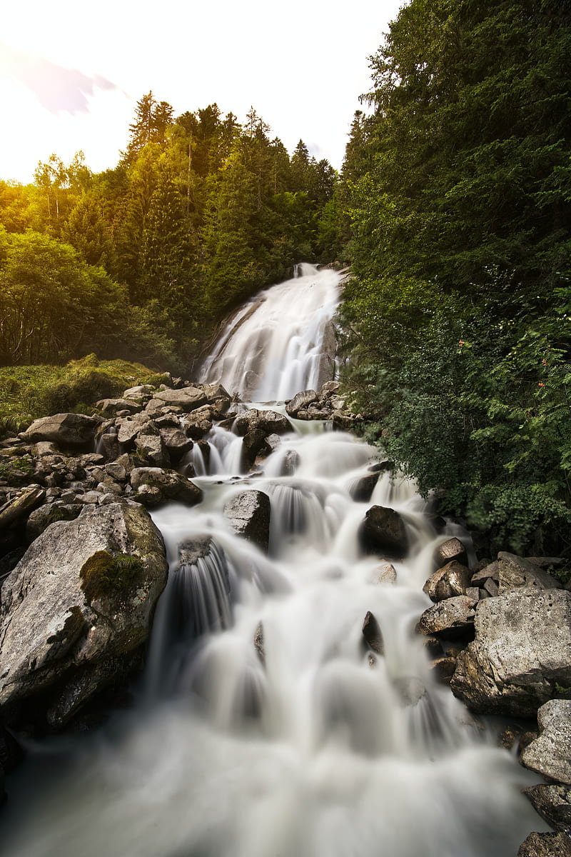 waterfall, stones, rocks, stream, water, trees, HD phone wallpaper