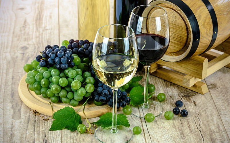 white wine, glasses of wine, wooden barrel, red wine, grapes, HD wallpaper