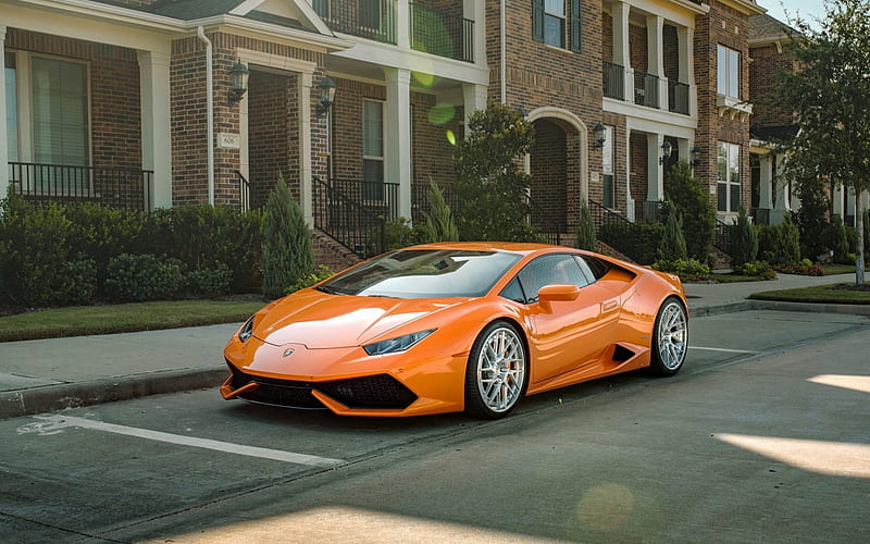 Lamborghini Huracan, 2018, orange sports car, front view, Huracan, orange sports coupe, Italian sports cars, Lamborghini, HD wallpaper