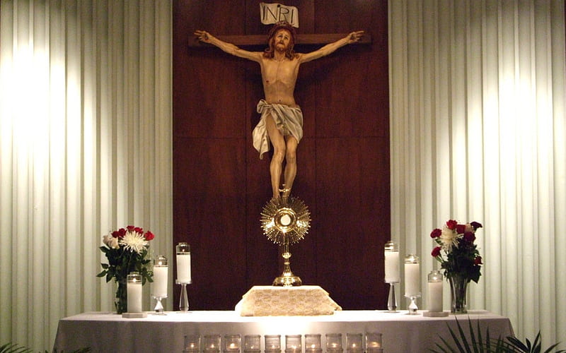 The Most Holy Sacrament, altar, Sacrament, Crucifix, candles, adoration, HD wallpaper