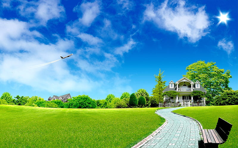 Dream House, plane, house, pathway, grass, bench, trees, sky, HD wallpaper