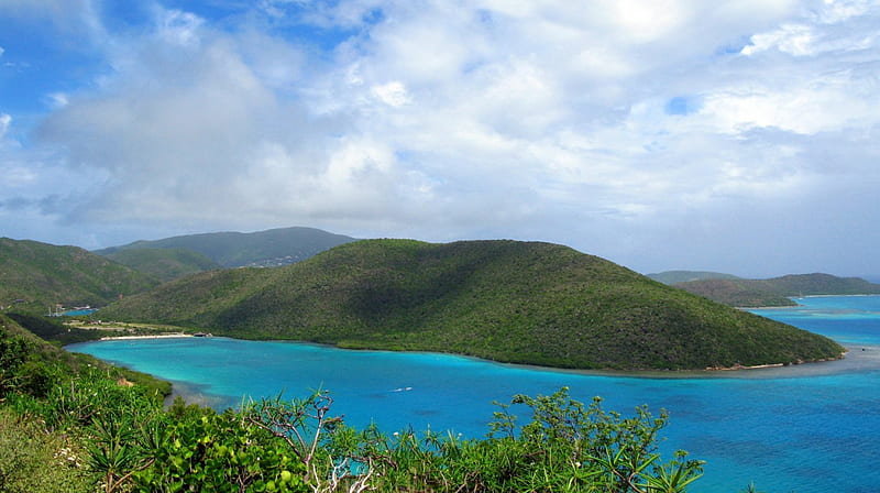 Green island, hills, forest, mountains, landscapes, ocean, clouds, bay ...