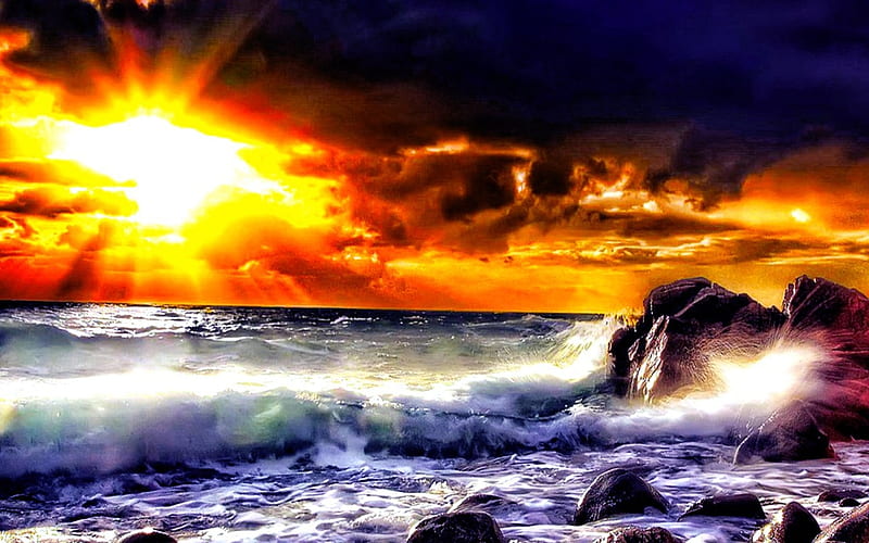Sundown After a Storm, rocks, sundown, nature, waves, sky, storm, sea, HD wallpaper