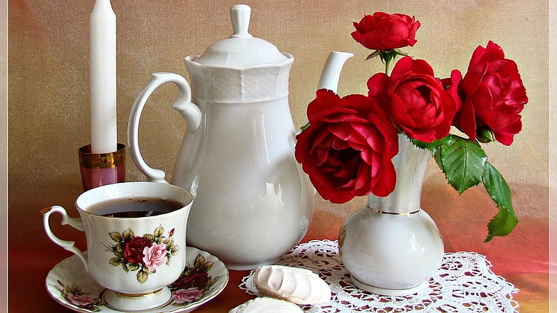 Still Life, life, lace, vase, roses, tea, jug, flowers, drink, harmony, HD wallpaper