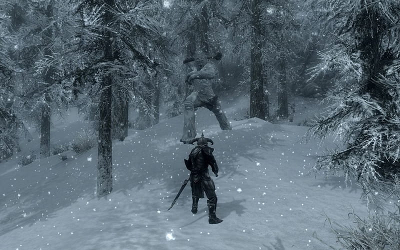 In the snow, Yeti, man, trees, snowflakes, HD wallpaper
