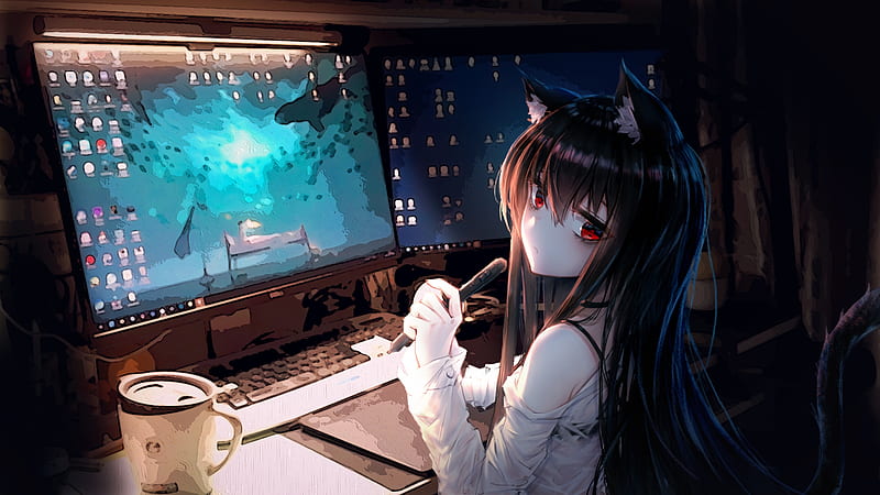 anime cat girl, room, computer, animal ears, coffee, cute, Anime, HD wallpaper