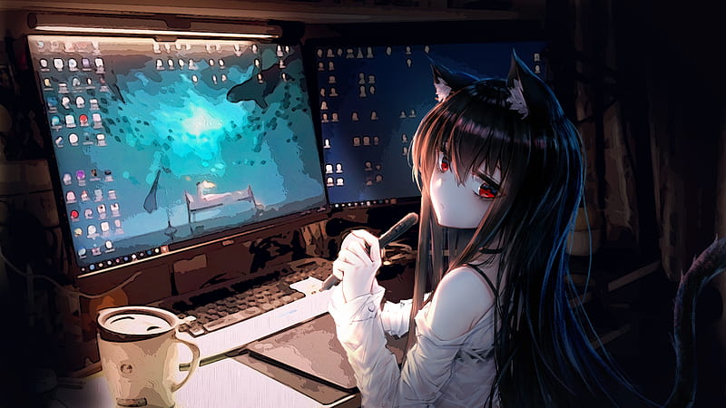 Megane anime girl, black hair, computer, room, Anime, HD wallpaper