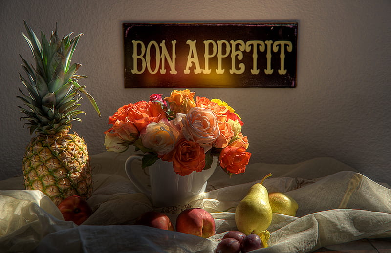 Bon Appetit, still life, fruits, roses, jag, variable, HD wallpaper