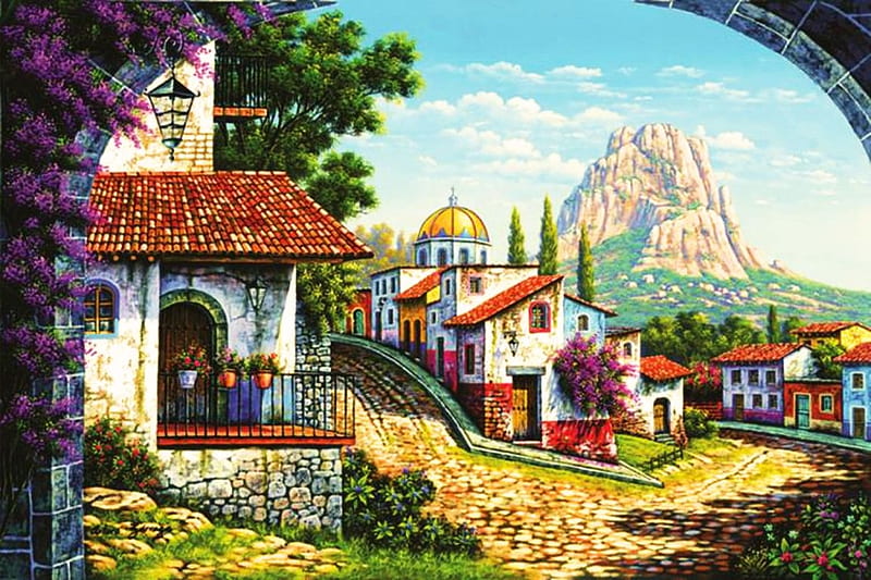 Pea de Bernal, Mexico, mountain, houses, painting, village, artwork, HD wallpaper