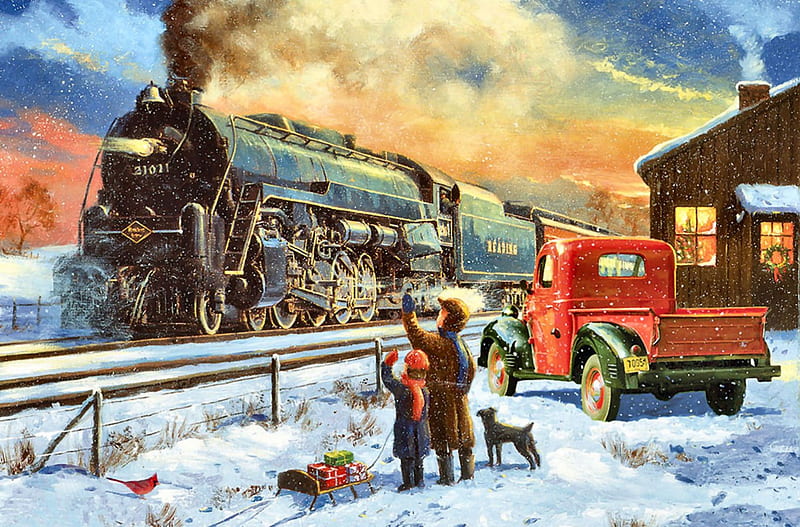 Home for Christmas F2, Christmas, December, illustration, artwork, track, depot, train, painting, wide screen, scenery, art, holiday, winter, engine, snow, station, occasion, HD wallpaper