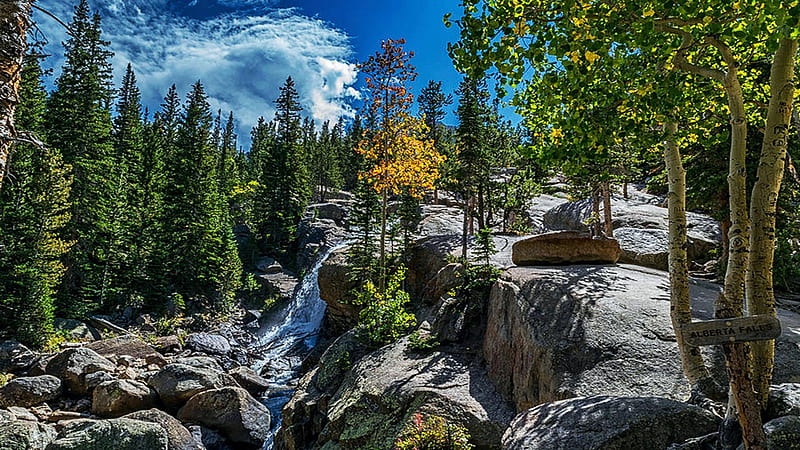 Alberta Falls Rocky Mountain National Park Colorado, clouds, trees, landscape, sky, rocks, forest, usa, HD wallpaper
