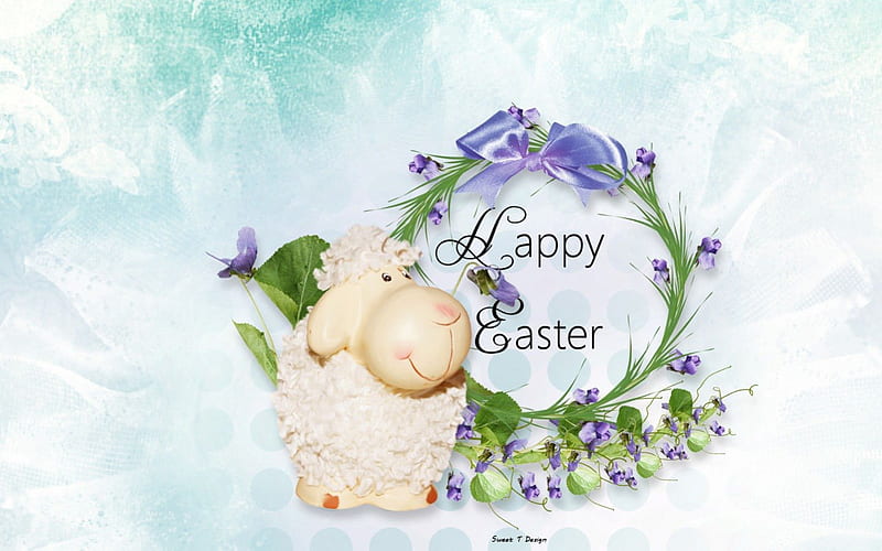 Happy Easter Lamb, holdiday, easter, spring, happy, green, purple, flowers, lamb, white, blue, HD wallpaper