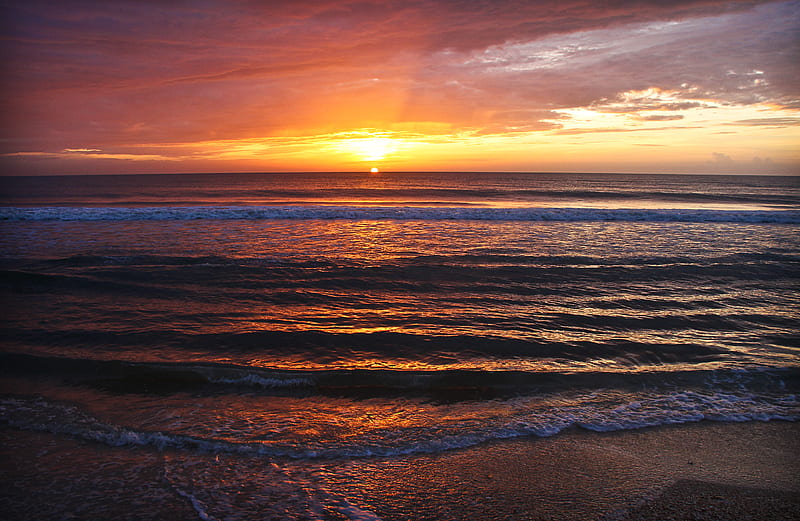 sunset, sea, waves, horizon, HD wallpaper