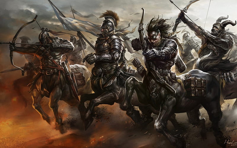 Centaurs, art, orange, black, army, man, horse, fantasy, battle, dark, fight, monster, HD wallpaper
