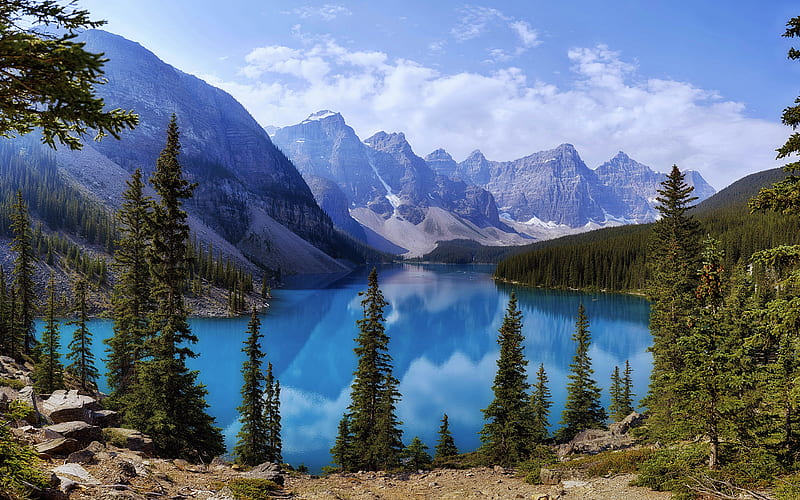 Moraine Lake, mountains, Banff, blue lake, North America, summer, beautiful nature, Banff National Park, Canada, Alberta, HD wallpaper