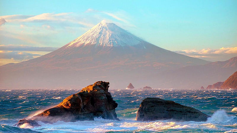 rough sea towards mighty mount fuji in japan, mountain, rocks, haze, waves, sea, rough, HD wallpaper
