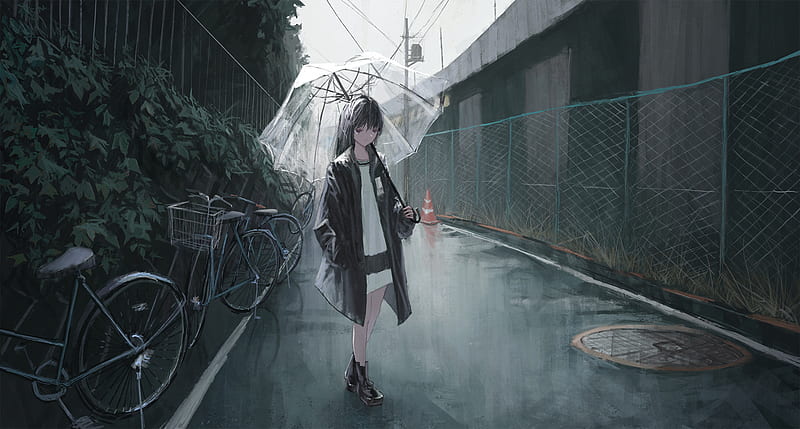 Anime, Original, Bike, Girl, Street, Umbrella, HD wallpaper
