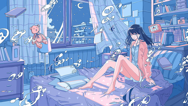 Anime, Girl, Bed, Black Hair, Feet, Room, Teddy Bear, HD wallpaper