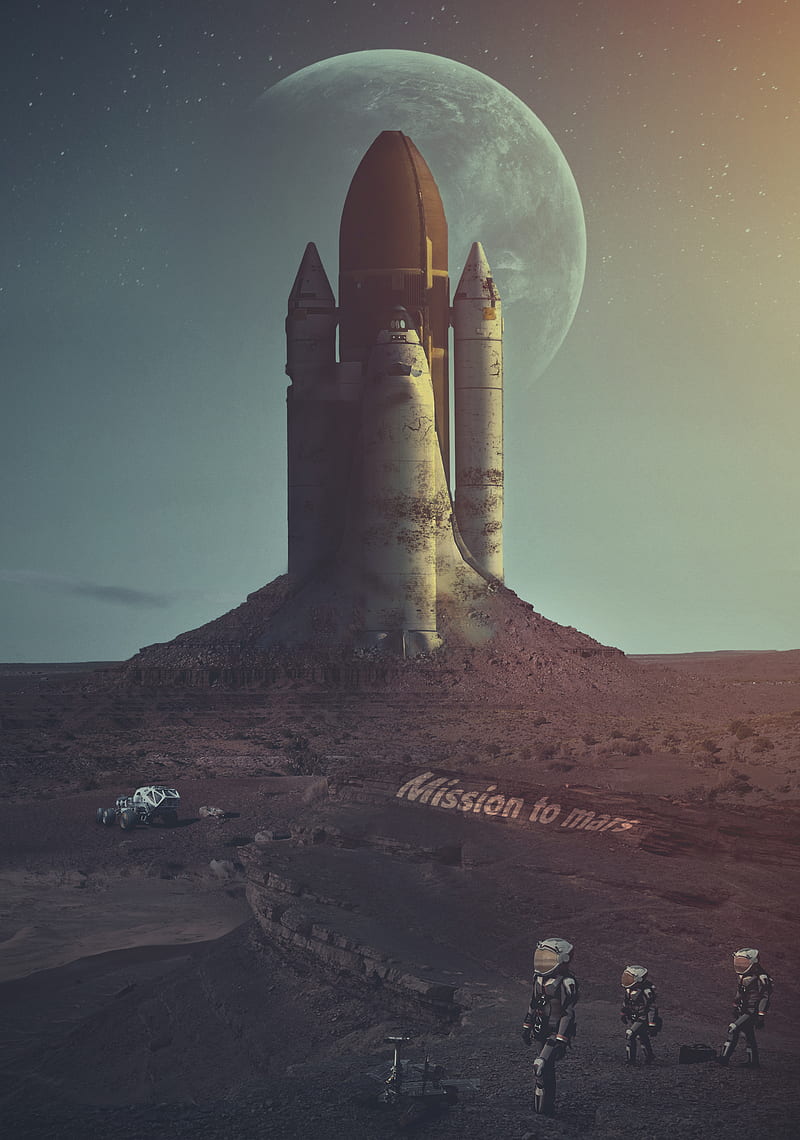 Mission to mars, cosmos, elder, fairy, mountain, plane, rocket, rockets, shuttle, space, surrealism, HD phone wallpaper