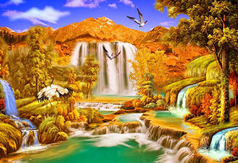 Paradise waterfall, art, exotic, place, birds, emerald, trees, sky, mountain, fantasy, water, paradise, summer, waterfall, magical, nature, enchanted, HD wallpaper